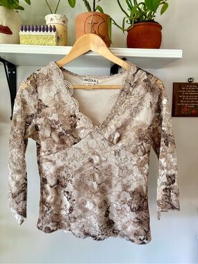 NICOLA Brown and Cream Lace-Trim V-Neck Blouse